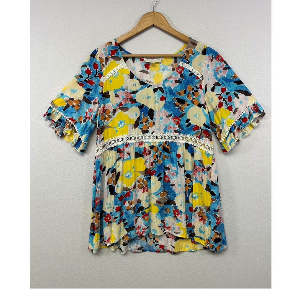 Boho Floral Weekend Suzanne‎ Betro Womens Small Blue Yellow Babydoll Lace Top